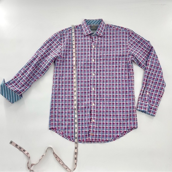 Thomas Dean Mens Large Pink and Blue Preppy Plaid Dress Business Casual Shirt - Picture 6 of 8